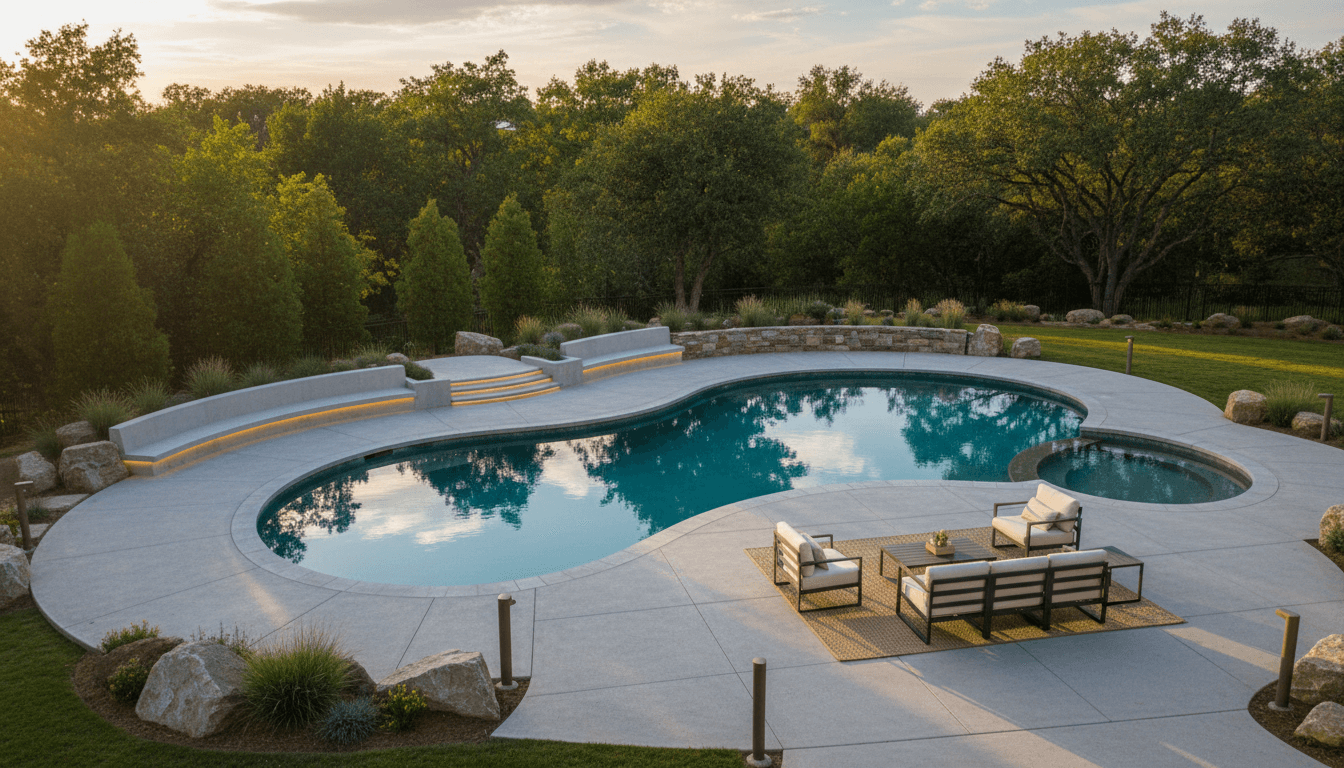 Newly completed custom residential gunite pool with surrounding landscaping and outdoor seating areas at sunset Newly completed custom residential gunite pool with surrounding landscaping and outdoor seating areas at sunset