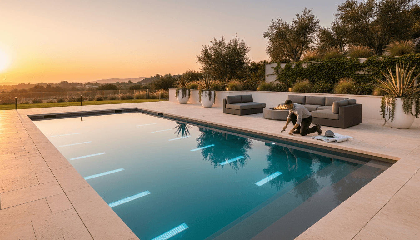 Newly constructed luxury pool and terrace with LED lighting, contemporary furnishings, and professional contractor inspecting the finished project at sunset Newly constructed luxury pool and terrace with LED lighting, contemporary furnishings, and professional contractor inspecting the finished project at sunset